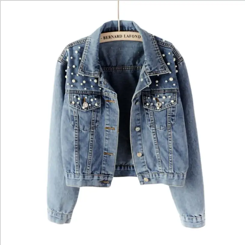 discount Women‘s New Fashion Plus Size Beading Short Denim Jackets Women Wash Long Sleeve Vintage Casual Jea