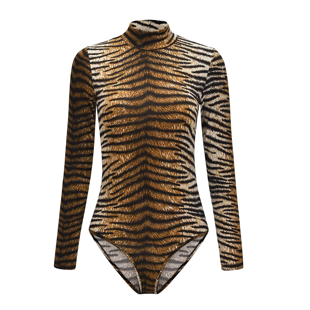 Tiger pattern Женское леопардовое боди, Осеннее облегающее боди с высоким воротом и длинным рукавом, сексуальный женский клубный костюм из змеиной кожи - Цвет: Tiger pattern