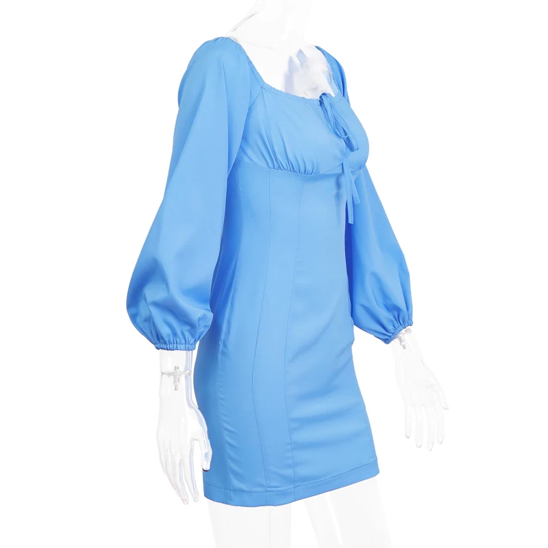 WannaThis Off Shoulder Party Dresses Women Sexy Laceup Hollow Out Autumn Long Lantern Sleeve Skinny Fashion Solid MIni Dresses