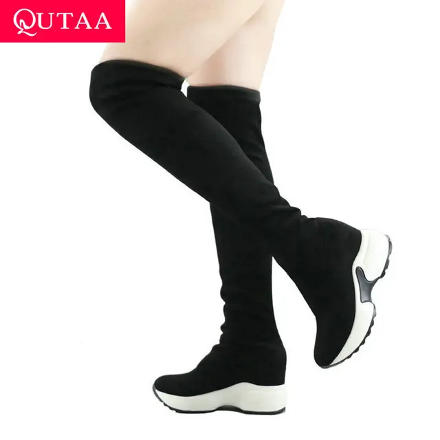 QUTAA 2020 Stretch Fabrics Over The Knee Boots Height Increasing Round Toe Women Shoes Autumn Winter Casual Long Boots Size34-43 tanie i dobre opinie Over-the-Knee zipper Mixed Colors x-2656471 Adult Wedges Basic Short Plush Flock Rubber High (5cm-8cm) Slip-On Fits true to size take your normal size