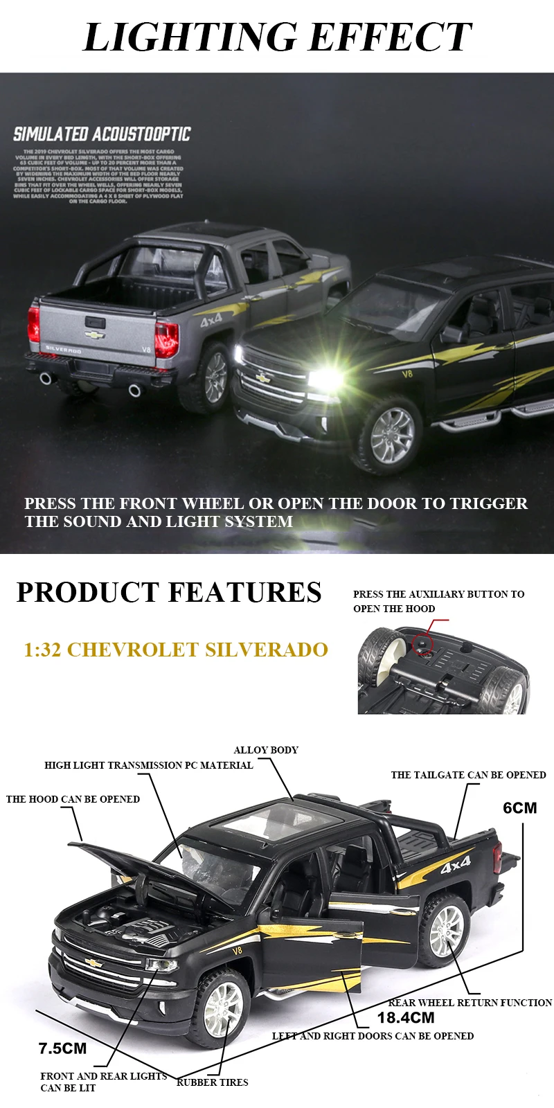 1:32 Chevrolet Silverado Pika сплав модель автомобиля литая модель игрушечного автомобиля 6 открытых дверей со звуком/светильник/вытяжные игрушки для детей
