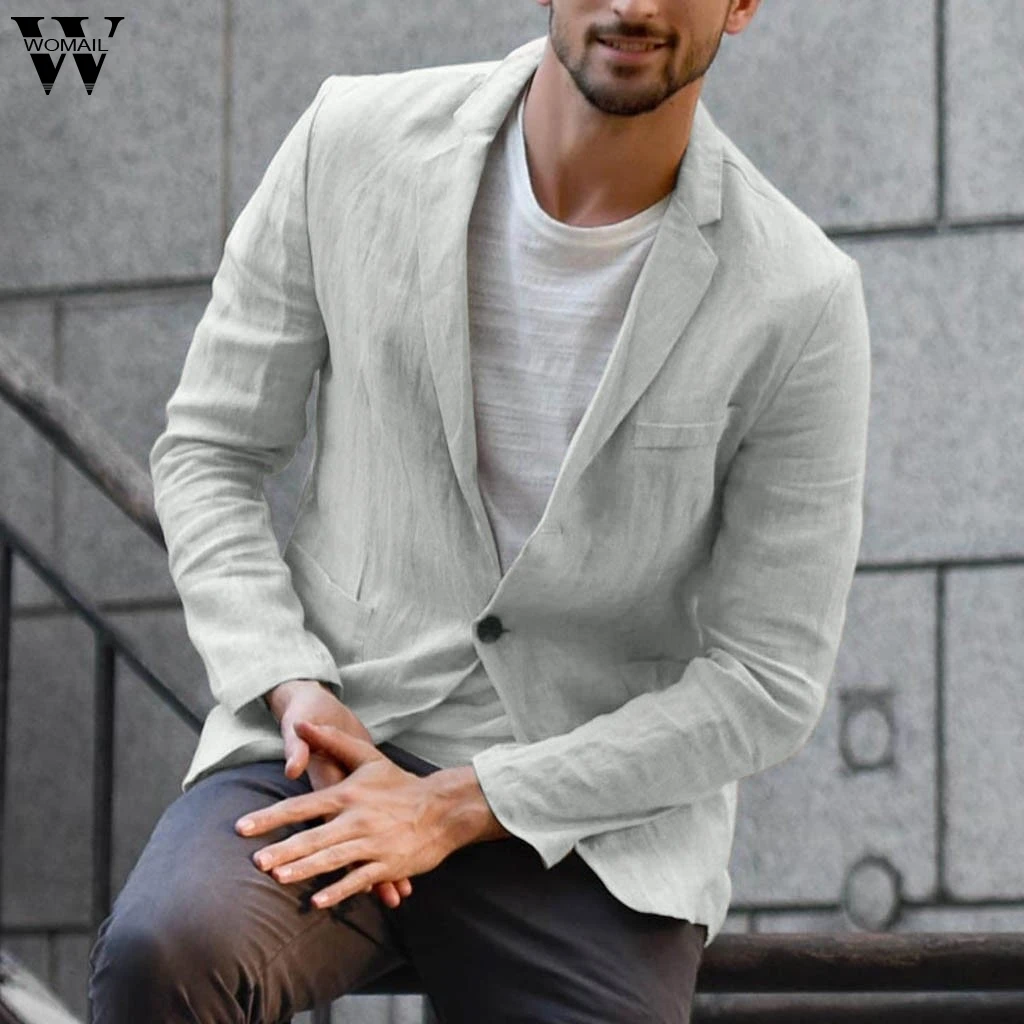 

Womail Linen Blend Suits Blazer Men's Slim Outwear Thin Turn-down Collar Solid Color Long Sleeve Blazer JL26 Abrigo de hombre