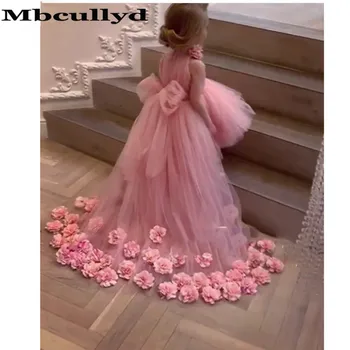 

Mbcullyd Princess A-line Flower Girl Dresses For Weddings 2020 Charming Pink Tulle Long Sweep Train Hi-low Communion Dress
