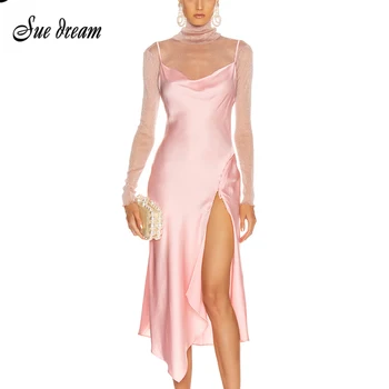 

2020 New Spring Pink Sleeveless Sexy Split Spaghetti Strap Bodycon Club Midi V Neck Celebrity Party Runway Dress Vestido