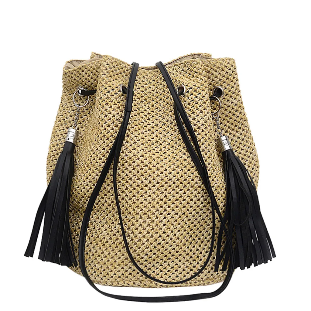 

Women Handbag Summer Beach Bag Rattan Woven Handmade Knitted Straw Bag Tassel Totes Leather Women Shoulder Bag Boho New