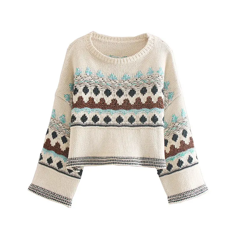 

Bohemian Pullovers Loose Sweater Spring Autumn Women Simple Full Sleeve Knitted O-Neck Jacquard Pattern Sweater Slim Tops