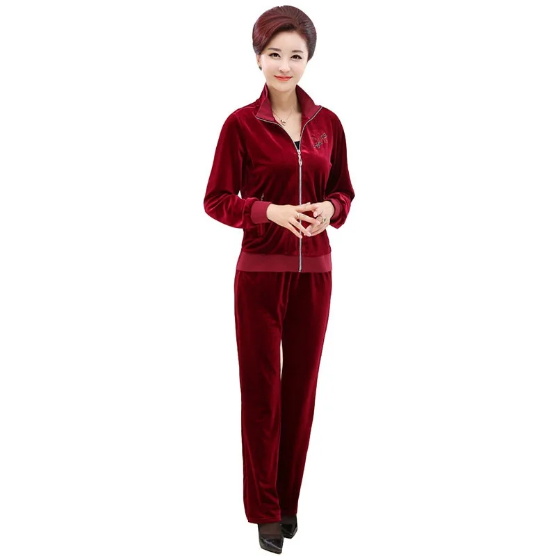 

Women Velvet Tracksuit Spring Autumn Mother Clothes Long Sleeve Jacket+Trousers Two-piece Velvet Suit Plus Size 4XL Pants Set