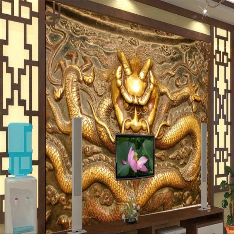 3D обои с тиснением Золотой резной китайский дракон фотообои для отеля ресторана