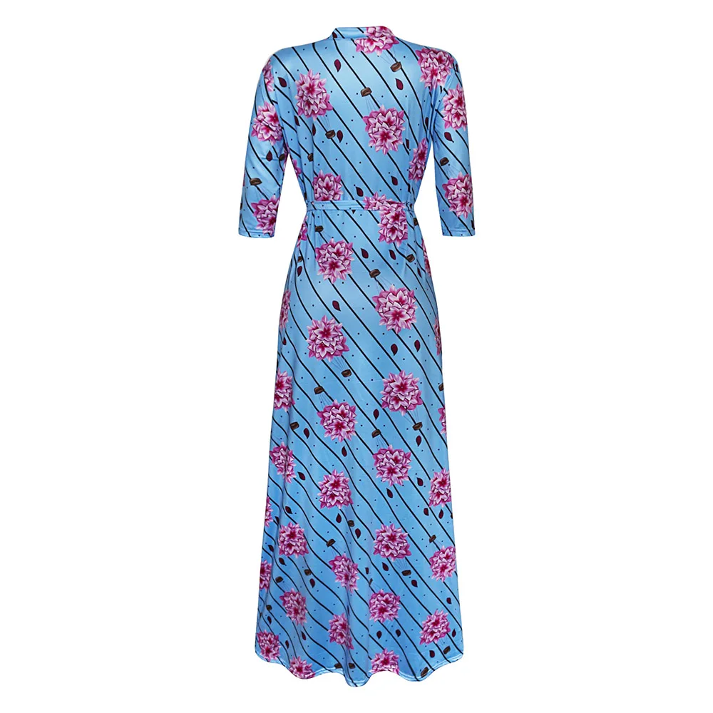 Boho, женское летнее макси платье с v-образным вырезом, милое, рукав 3/4, длина до пола, цветочный сарафан, пуловер на шнуровке, для путешествий, богемные платья