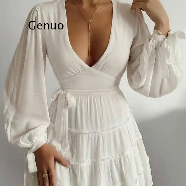 

Elegant Sexy Woman Dresses White Solid Lantern Sleeve Bow Sashes Deep V-Neck Ruffle Mini Party Dress Clubwear Nightwear Vestidos