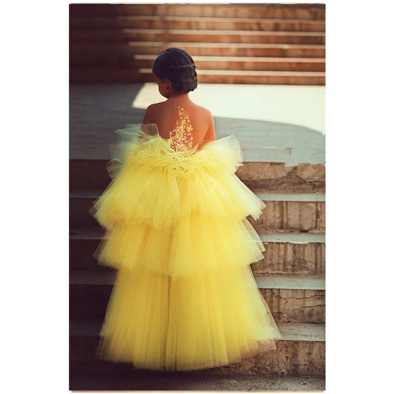 Милое пышное платье для маленьких девочек Vestidos De Comunion, короткое спереди и длинное сзади, коллекция года, FG-45 желтое нарядное платье с цветочным узором для девочек