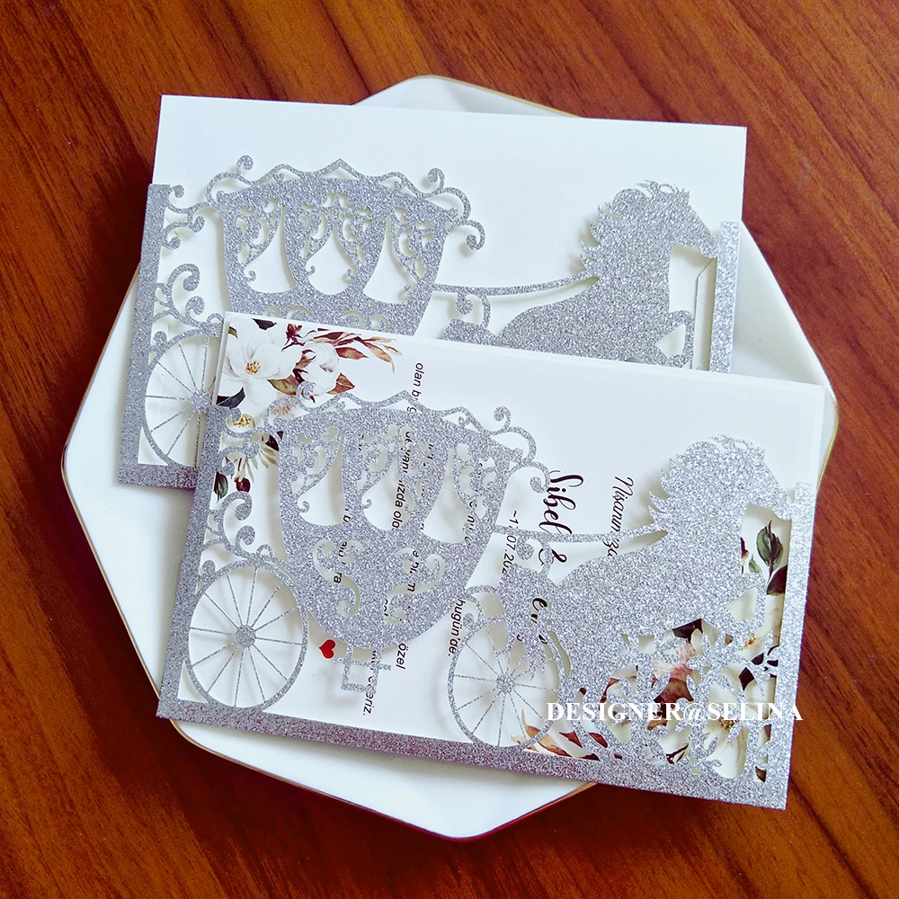 50pc King and Quieen Gold Glittery Horse Carriage Laser Cut Invitations for  Wedding Party Floral Patterned Quinceanera Invites - AliExpress, image size:1000x1000
