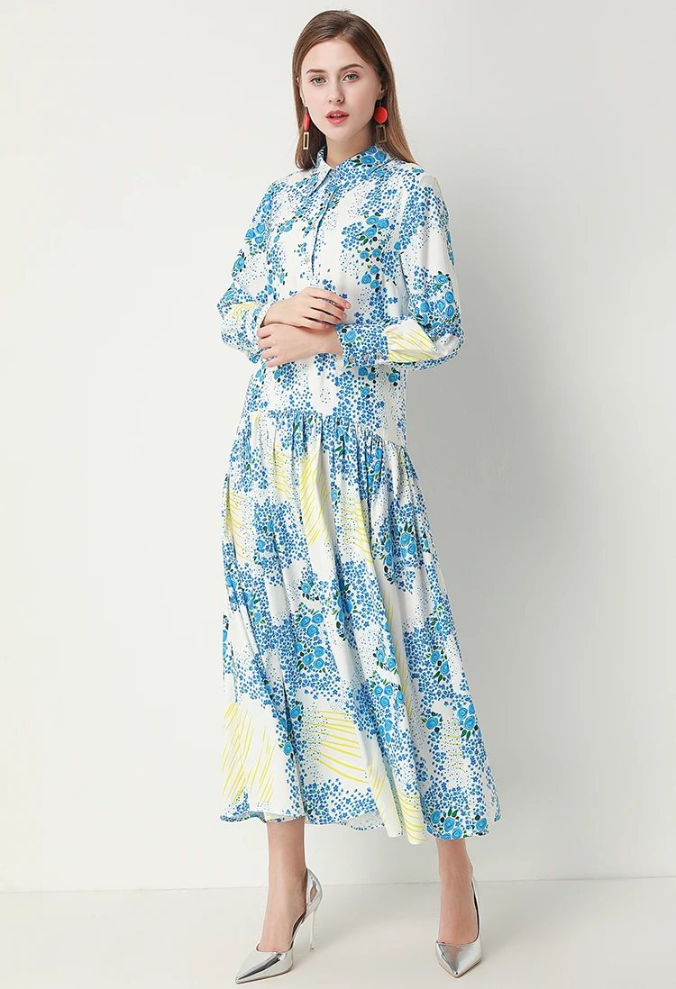 MoaaYina, модное дизайнерское платье, весна-осень, женское платье с длинным рукавом, голубое, с цветочным принтом, платья "ласточкин хвост"