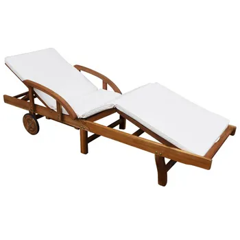 

Classic Wooden Garden Lounger Sun Loungerwith Cushion Solid Acacia Wood Slatted Design Outdoor Furniture Daybed with 2 Wheels