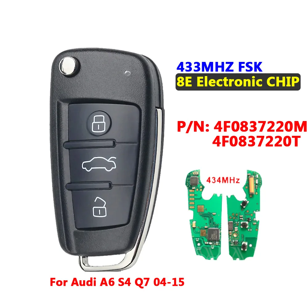 REMOTE CAR KEY FOB CONTROL 433MHZ FOR  AUDI A6 S6 Q7 2004-2015 8E CHIP 4F0837220R 4F0837220M 4F0837220T
