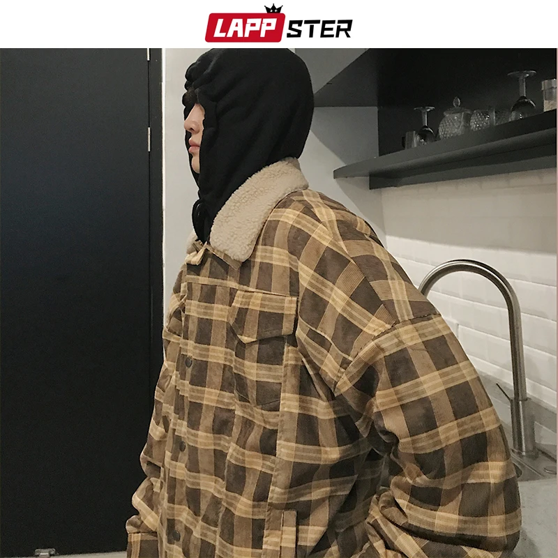 LAPPSTER мужские шерстяные вельветовые куртки зимние мужские уличные Harajuku клетчатые куртки корейская мода толстые негабаритные ветровки