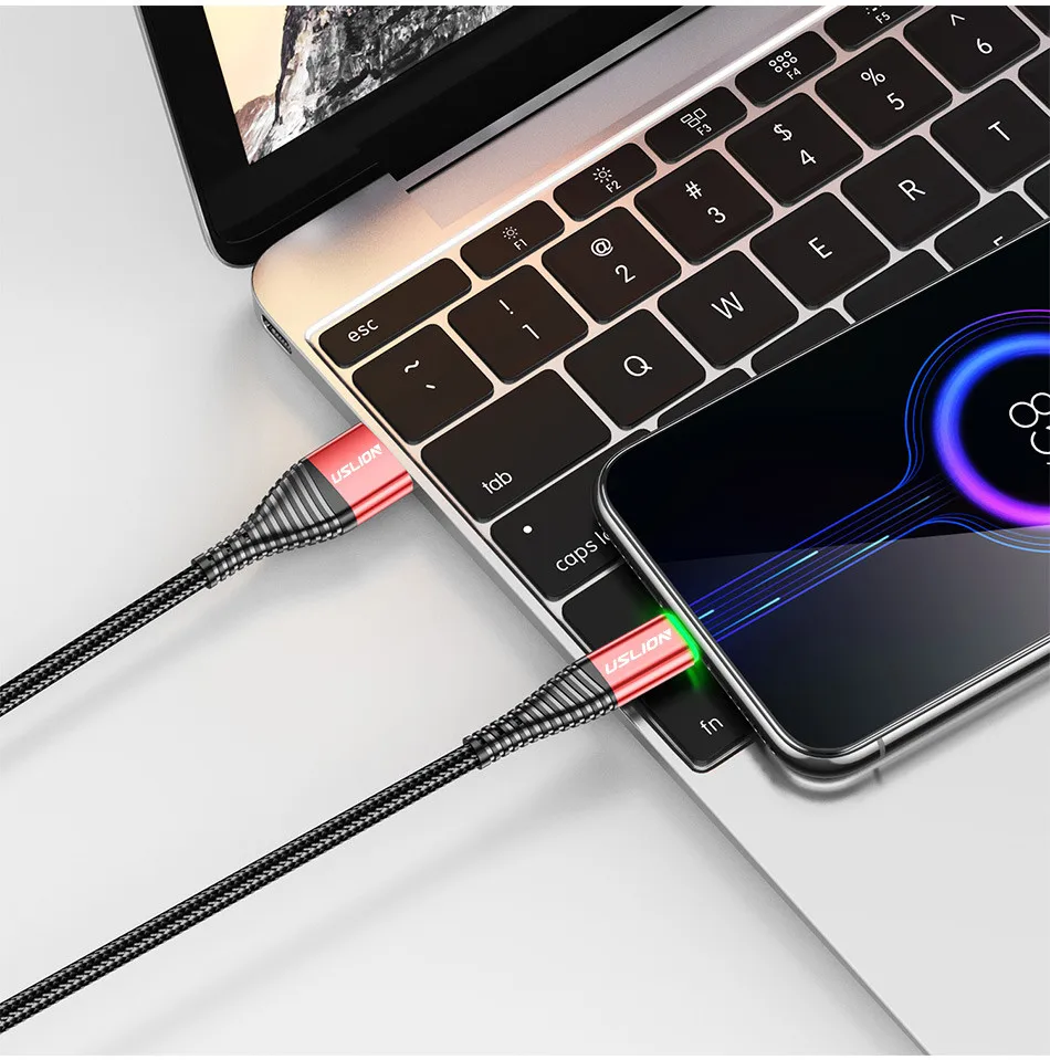 USLION светодиодный кабель 3 А usb type-C, кабель для быстрой зарядки для мобильного телефона samsung Xiaomi huawei type-C, USB-C кабель, шнур для зарядки 2 м