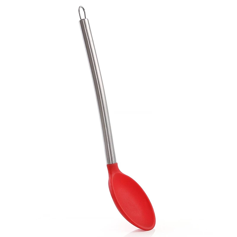 Silicone Serving Spoon- With Strong Silicone Covering Head& Stay-cool Stainless Steel Handle Red+ silver