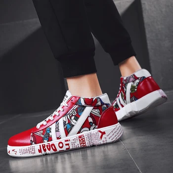 

2019 Newest Colorful Mens Shoes Casual Wild Platform Vulcanized Shoes Trend Canvas High Top Sneakers White Red Sapato Masculino