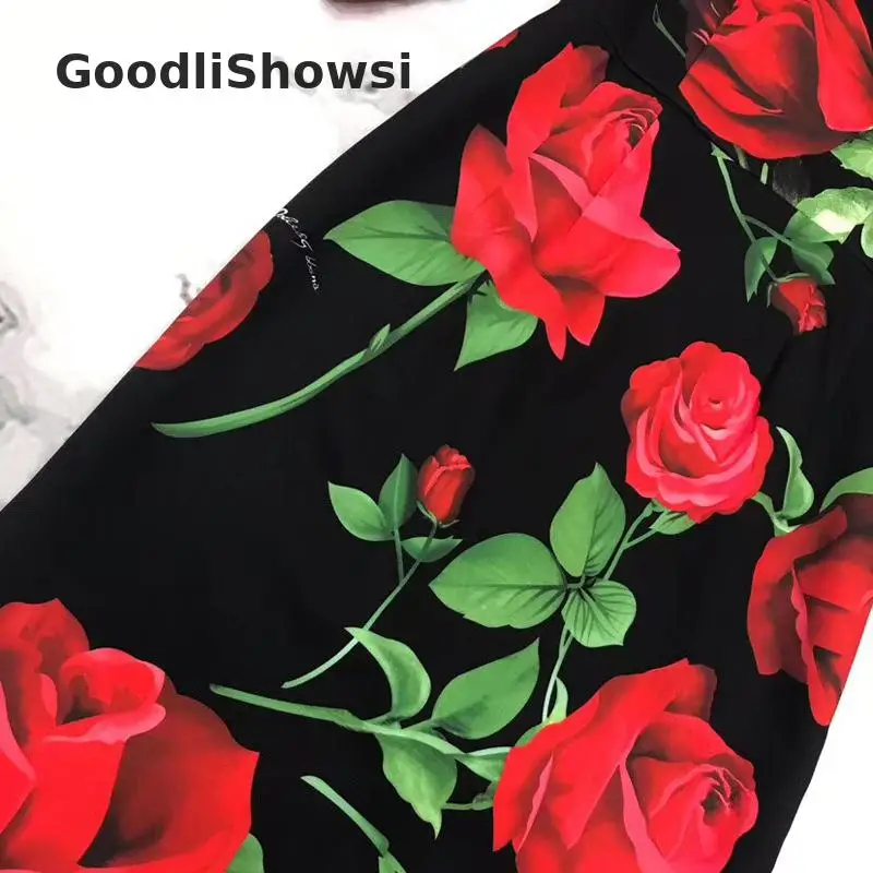 GoodliShowsi, пасторальное женское сексуальное платье-карандаш с розами, с квадратным воротником, рукав 3/4, с разрезом, модное облегающее платье с цветочным рисунком