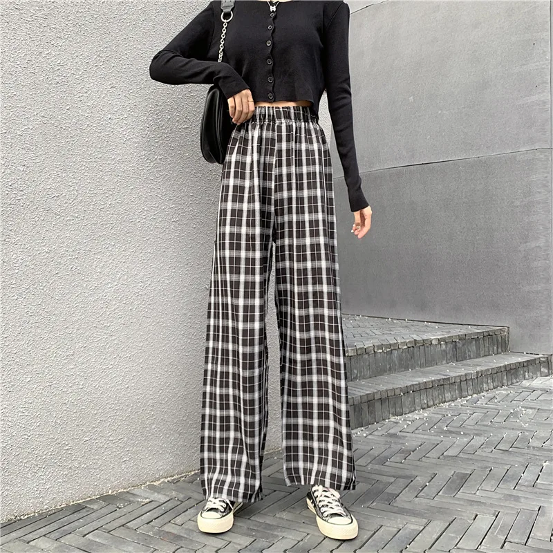 

Women's Casual Pants Large Size Plaid Wide Leg Pants High Waist Fashion Straight Loose Drape Mopping Pants 2020 Spring And Autum
