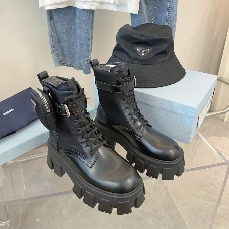 Monolith Paint Genuine Ankle Combat Boots Leather Nylon Pouch Platform Wedges Block Heels Flats Chunky Booties Lace-up Shoes | Обувь