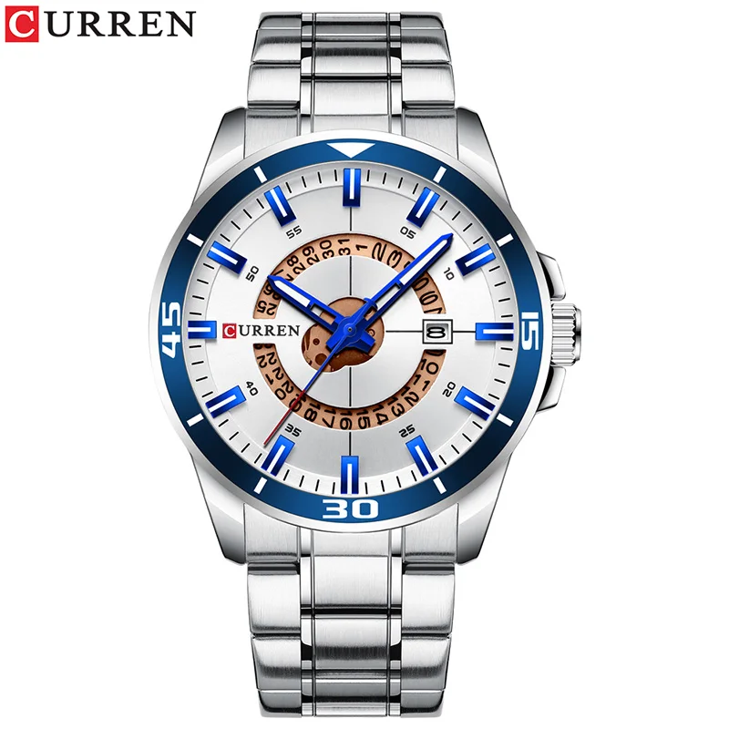 Silver Blue CURREN Роскошные брендовые большие спортивные кварцевые часы для мужчин с автоматическим хронографом и датой, модные мужские наручные часы из нержавеющей стали - Цвет: Silver Blue