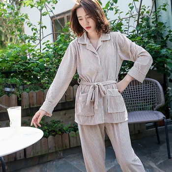 

Simple casual pajamas women autumn and winterlong-sleeved Korean gold velvet can be worn outside cardigan tied rope home service