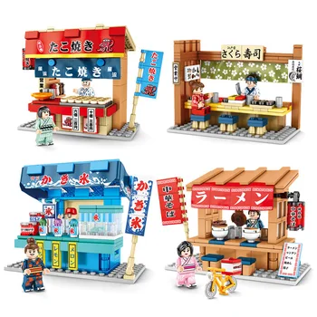 

Mini City Shop Sushi Takoyaki Japan ramen Store Architecture Creator Building Blocks House Bricks Figures Toys For Children Gift
