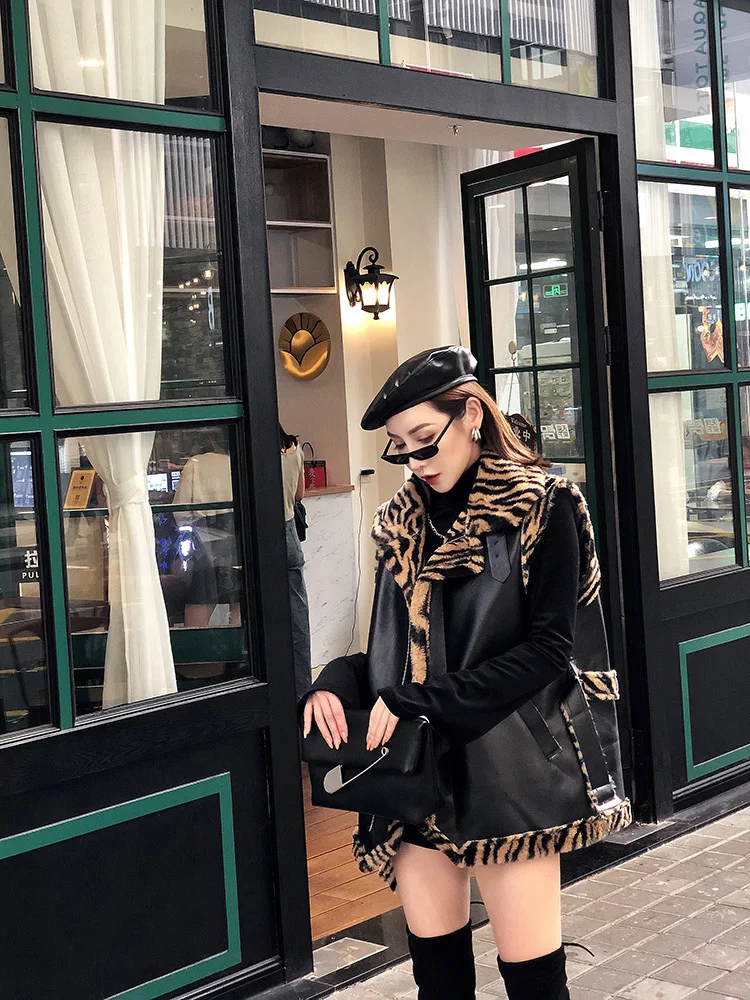 Новая модная черная леопардовая Женская жилетка из искусственной кожи зимняя женская мотоциклетная приталенная куртка с поясом пальто без рукавов Верхняя одежда PY94