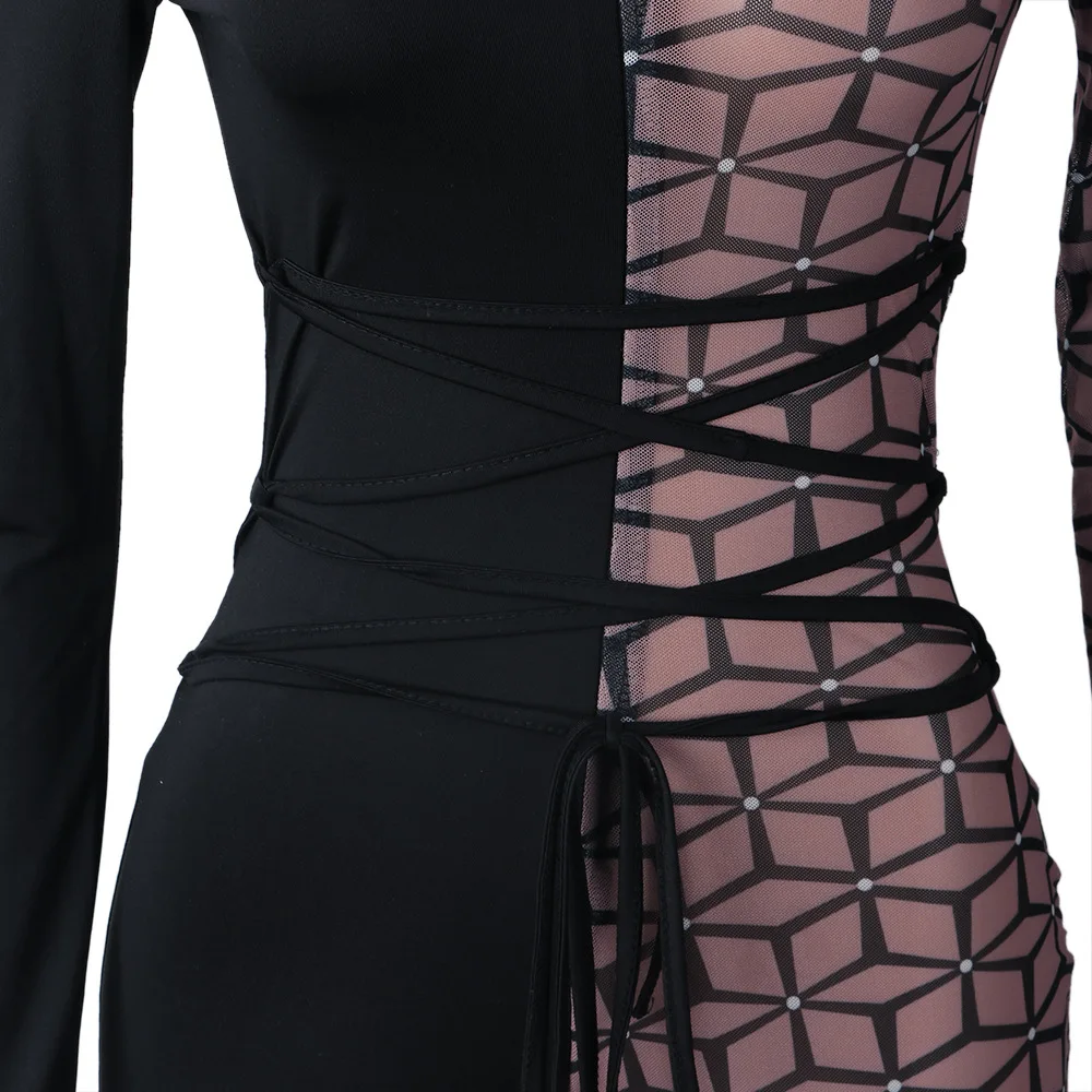 Sexy Sheer Mesh Color Patchwork See Through Night Party Club Skinny Jumpsuit Women Turtleneck Long Sleeve Romper Outfit Overalls corset bodysuit