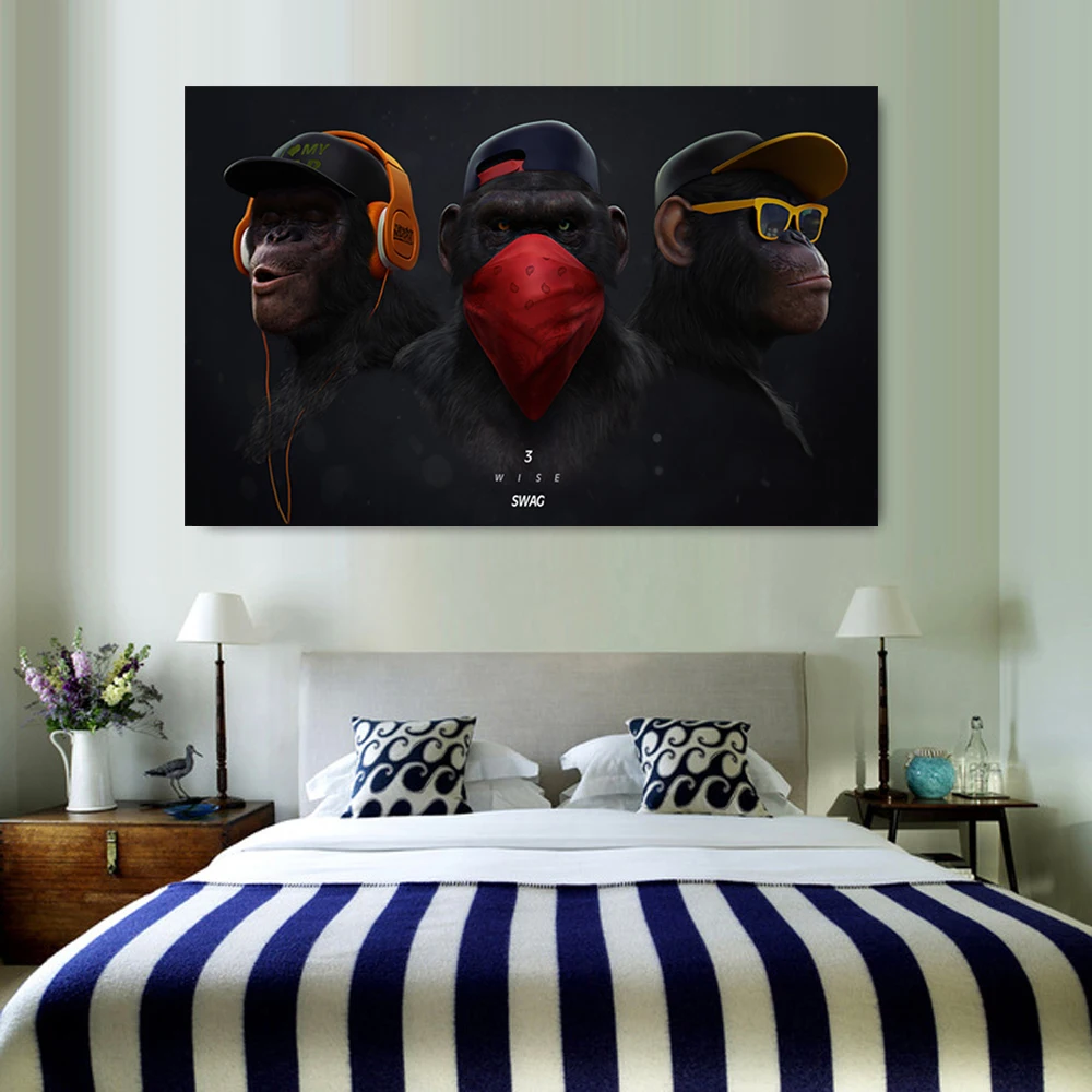 Large Size 100x150cm Orangutan Animal Headphone Monkey Canvas Decoration Picture Canvas Art Wall Painting Home Decoration