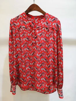 

100% Silk Women's V-neck Blouse Long Sleeve Print Loose Shirt with Buttons for Holiday