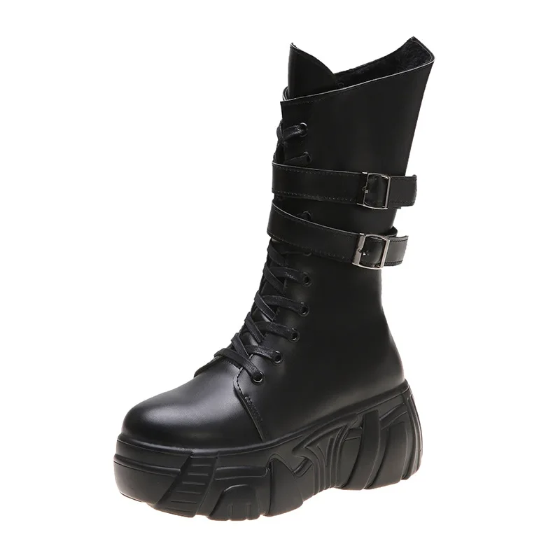 

Black Leather Gothic Boots Women's Buckle Strap Platform Punk Combat Boots 2019 Cool Girls Military Booties Lady Motorcyle Shoes