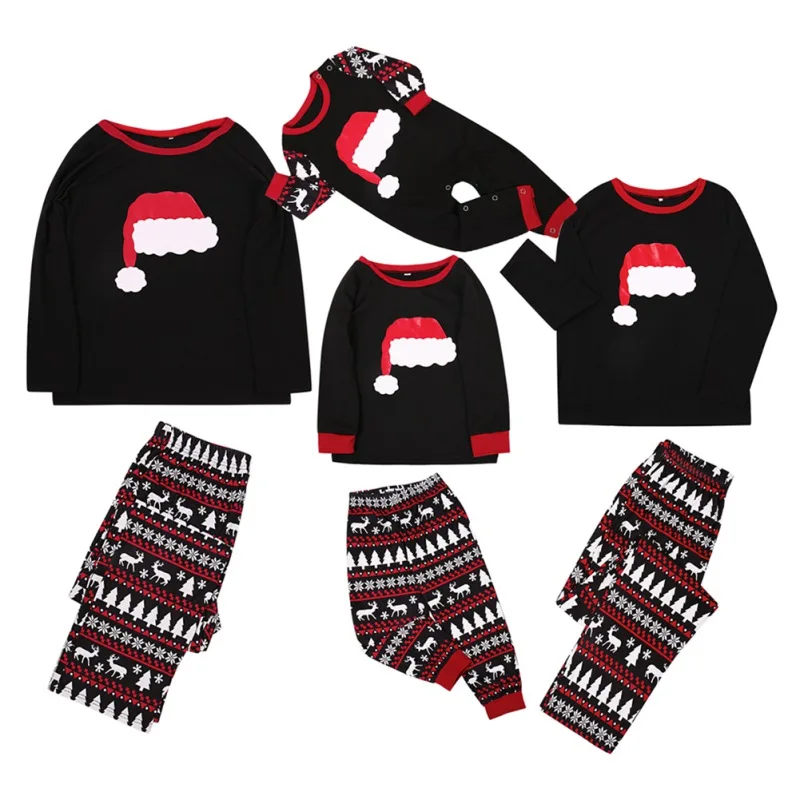 

2020 Christmas Family Matching Christmas Hat Printed Pajama Sets Splice Plaid Sleepwear Nightwear Home Wear Christmas Pajamas