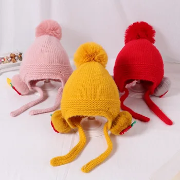 

Baby hats Autumn and winter new cartoon three ball plush ears children's handmade knit hat 2-4 years old baby Korean warm hat