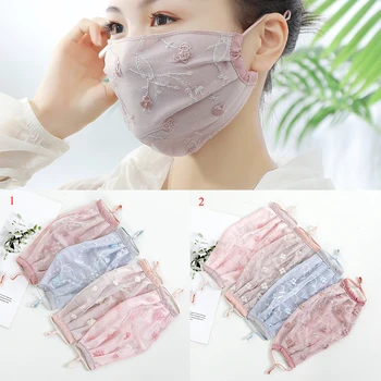 

Women Lace Embroidery Floral Sunscreen Imitation Silk Breathable Dust Proof Half Face Mask Mouth-muffle