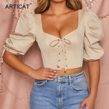 

Articat Puff Sleeve Lace Up Crop Tops Women Sexy Low Collar Backless Zipper Short Shirt Sheer Tank Tops Ladies Club Wear Outfits