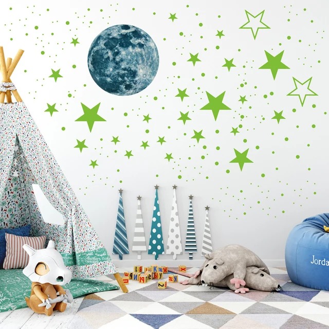 435pcs/set Luminous Wall Sticker Moon Stars Dots Green Children Room Ceiling Stairs Decoration Fluorescent Mural Decals 30cm 6