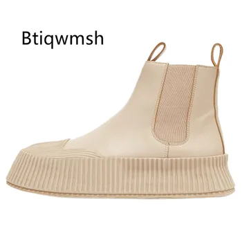 

Beige Soft Leather Ankle Boots Women Round Toe Thick Bottom Real Leather Chelsea Boots Woman Fashion Martin Boots