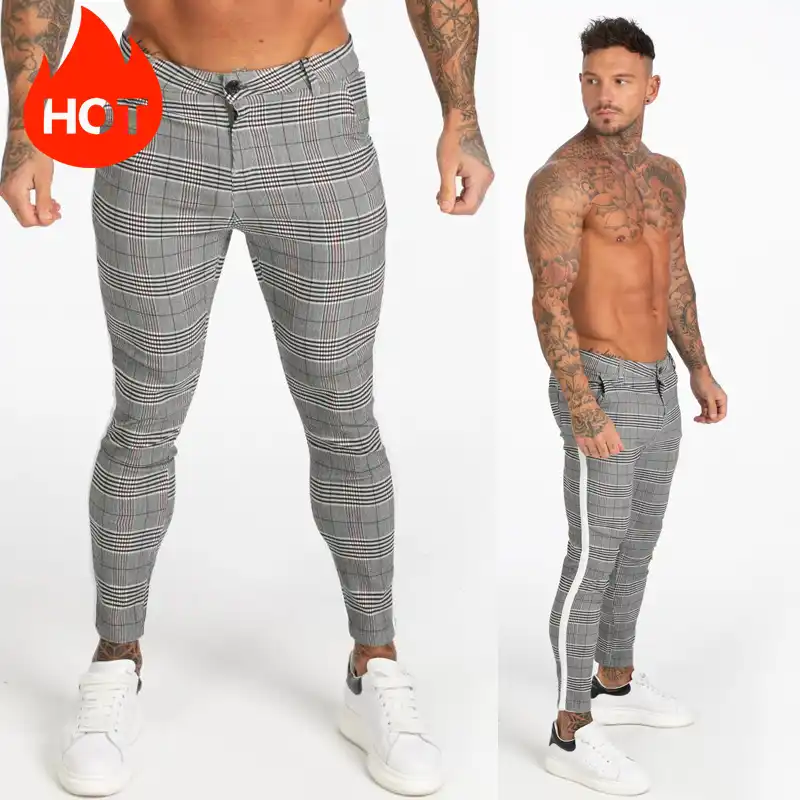 GINGTTO Pantalon Chino Slim Fit Homme Élastique Checkered Stretch Tissu Skinny Carreaux Confortable Gris 30W/30L