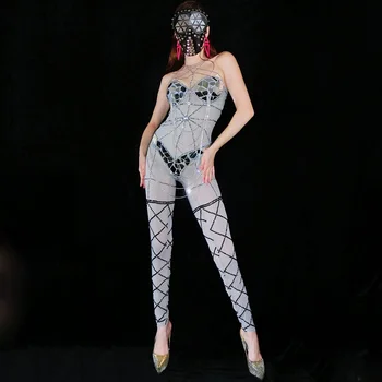 

Women Singer Dancer DJ Stage Outfit Sexy Transparent Silver Mirror Rhinestones Jumpsuit Nightclub Performance Clothes DT2313