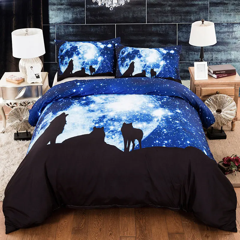 

3D Starry Sky Wolf Tiger Bedding Set Blue Black Duvet Cover Twin Bed Linen ropa de cama Double Bed Cover King Size Bedding Set