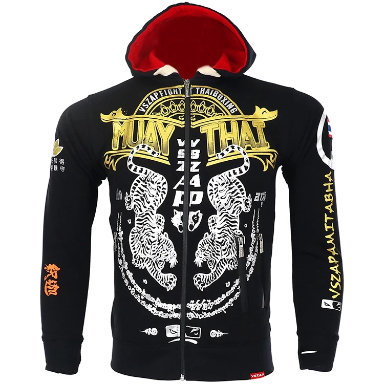 Muay Thai Mma Long Sleeve Hoodie Black Jacket Mens Tiger Gym Tee Kickboxing S B 