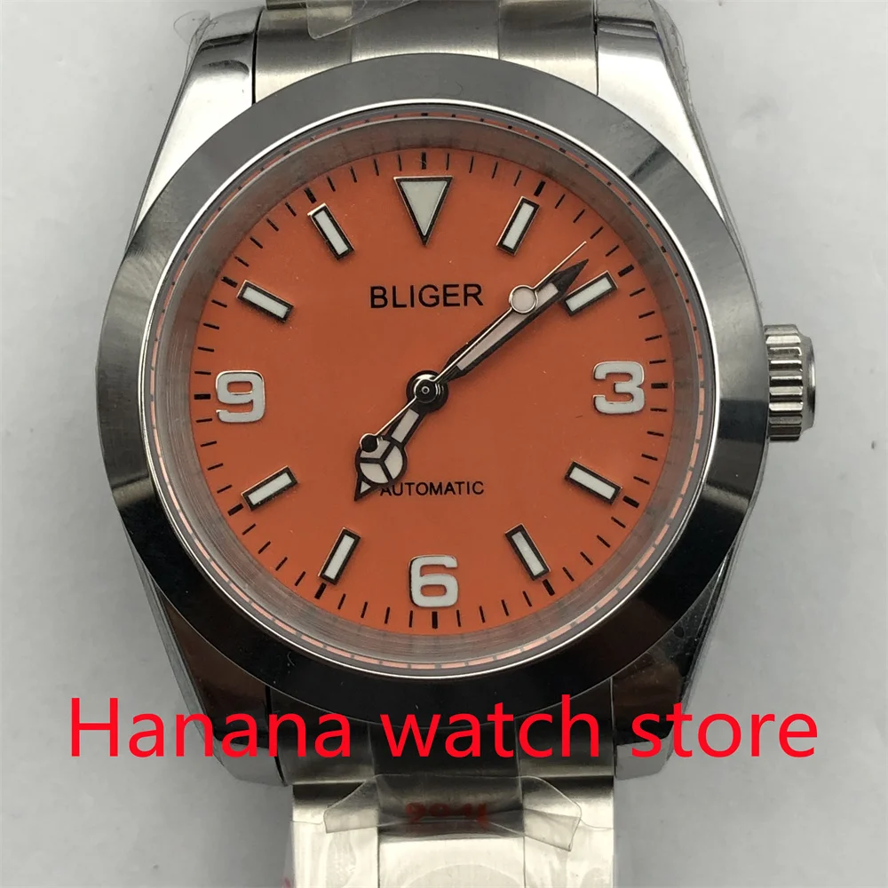 BLIGER 36mm Polished Automatic Men Watch Brushed Oyster Bracelet NH35A MIYOTA 8215 Movement Sapphire Crystal Green Luminous Dial