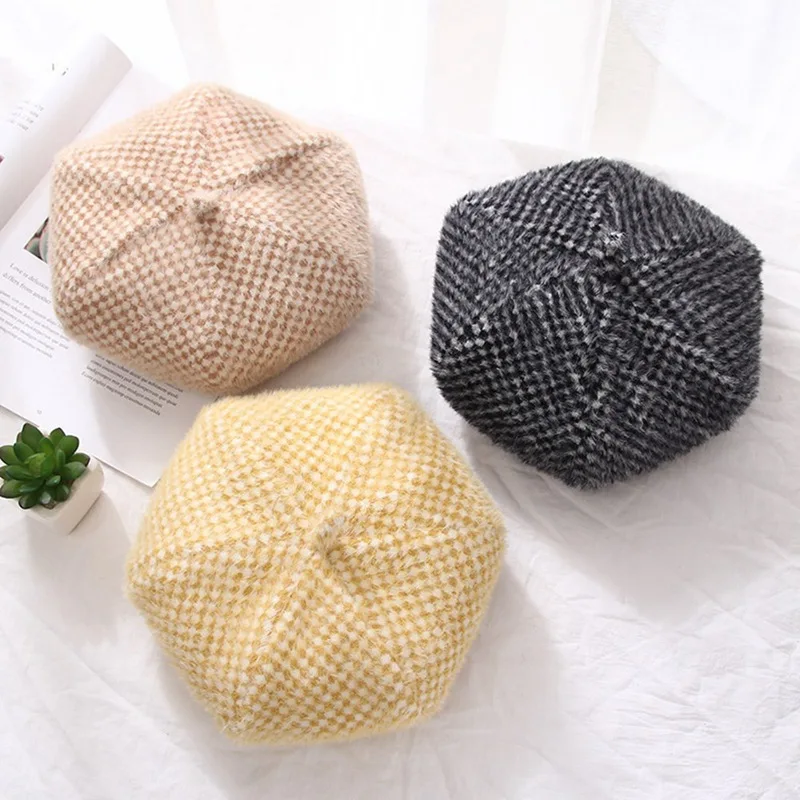 Fashion Beret Hats For Women Beret Hats for Girls British Plaid Classic Winter Vintage Octagonal Wool Caps Flat Caps
