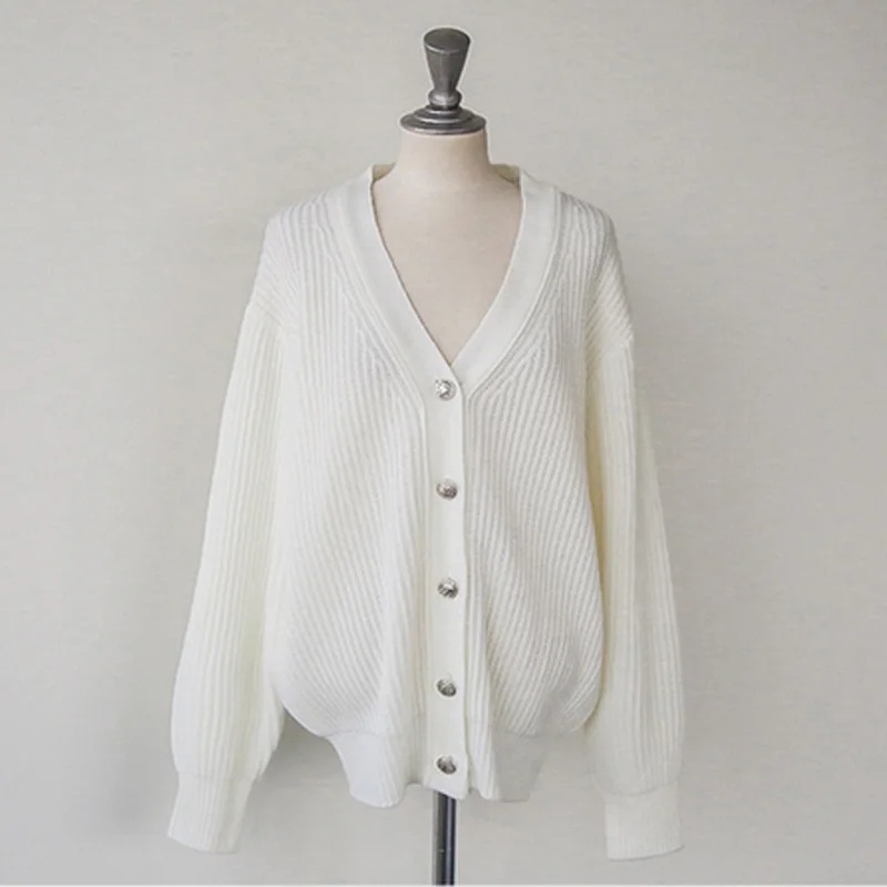 white cardigan Новое поступление, женский зимний удобный кардиган с v-образным вырезом, свитер, мягкий вязаный, негабаритный, рукав-фонарик, однобортный, повседневный Топ, T99401F - Цвет: white cardigan