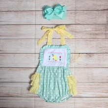 

​Summer Girls Clothes Light Green Yellow Striped Sling Little Duck Butterfly Embroidery Pattern Toddler Baby Rompers