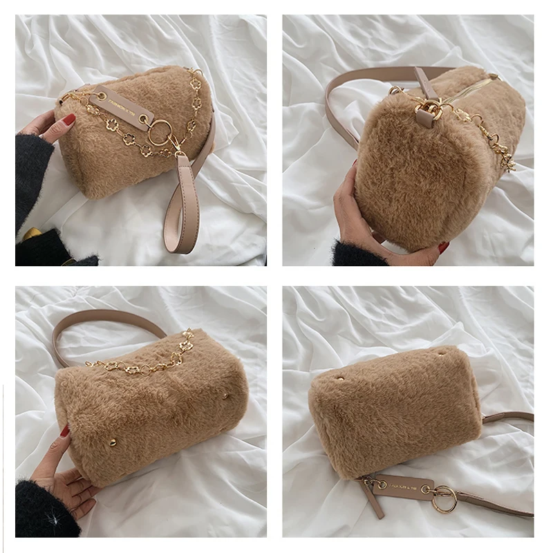 Black Fluffy Bags For Women 2021 Solid Plush Tote Bags Soft Furry Luxury Designer Handbag Korean Fashion Faux Fur Shoulder Bags