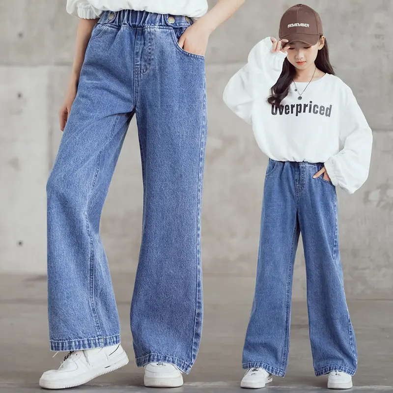 

Children Jeans 2023 Clothes for Teenager Fashion Loose Solid Girls Trousers Autumn Kids Casual Wide Leg Pants 6 8 10 12 14Years